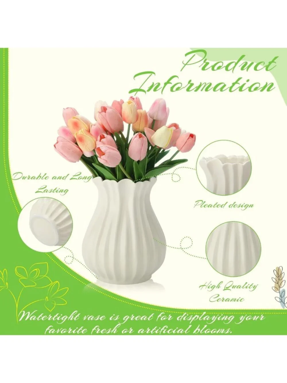Vintage White Pleated Ceramic Vase for Flowers | Stylish Home Decor Centerpiece